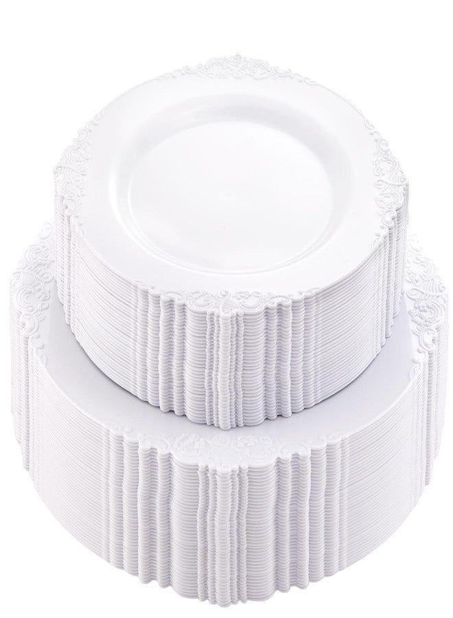 Morejoy 100PCS White Plastic Plates，White Disposable Plates，Include 50 Pieces 10.25 Inch Dinner Plates & 50Pieces 7.5 Inch Dessert Plates,Perfect for Weddings & Party - Image 1
