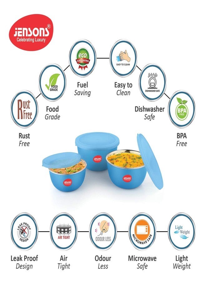 JENSONS Microwave Safe Bowl | Serving Bowl with Lid, Mixing Bowl, Oven Bowl Set Microwave, Flora Stainless Steel Bowl Set of 3 with 600ml, 800ml, 1300ml-Blue - Image 3