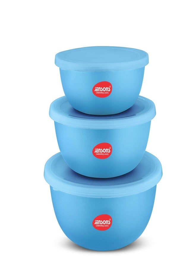 JENSONS Microwave Safe Bowl | Serving Bowl with Lid, Mixing Bowl, Oven Bowl Set Microwave, Flora Stainless Steel Bowl Set of 3 with 600ml, 800ml, 1300ml-Blue - Image 1
