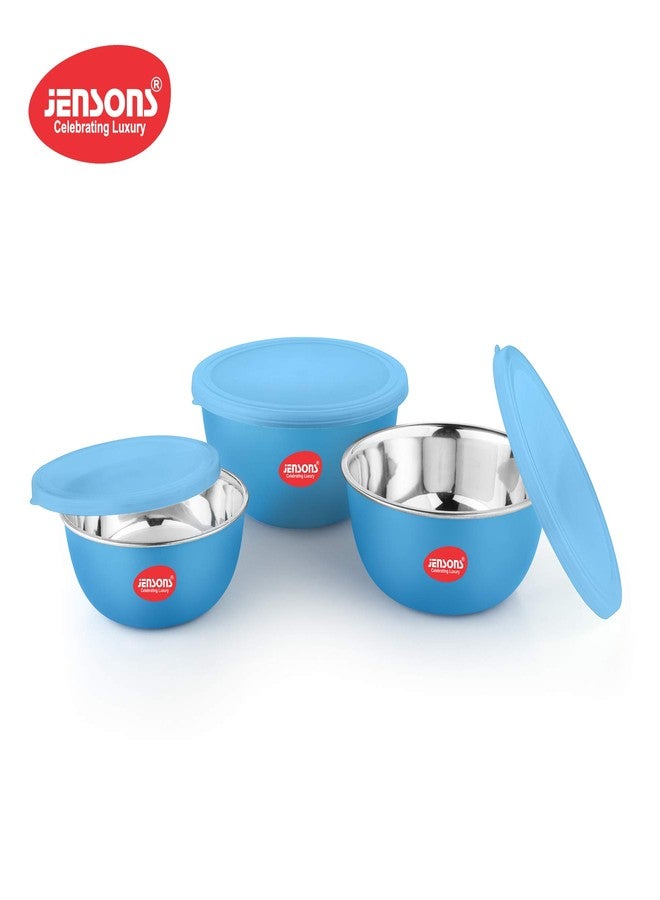 JENSONS Microwave Safe Bowl | Serving Bowl with Lid, Mixing Bowl, Oven Bowl Set Microwave, Flora Stainless Steel Bowl Set of 3 with 600ml, 800ml, 1300ml-Blue - Image 5