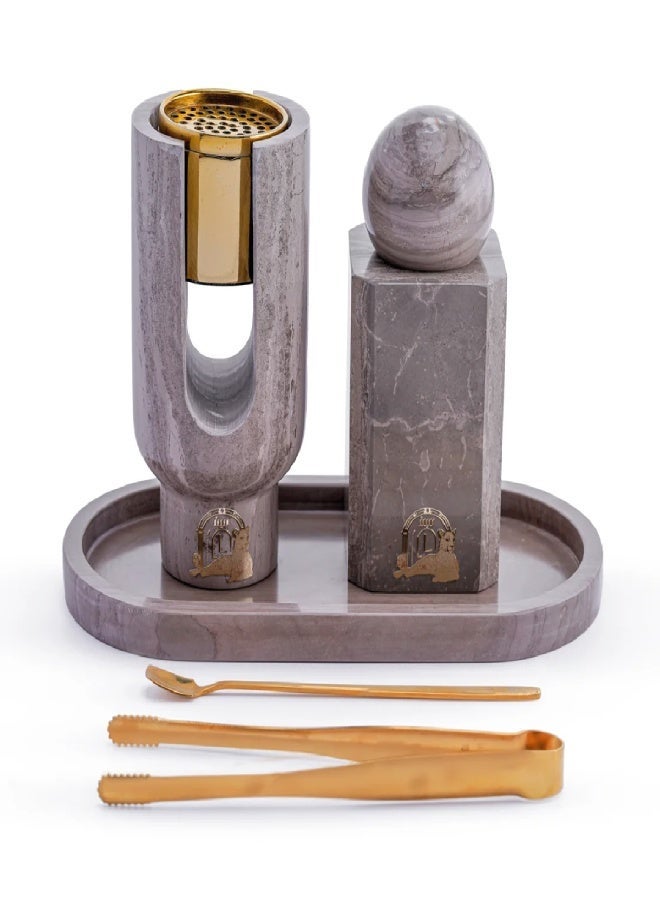 Layers Ofra (Grey Athens) Luxury Incense Burner & Oud Storage Set with Oval Tray – Natural Marble - Image 1