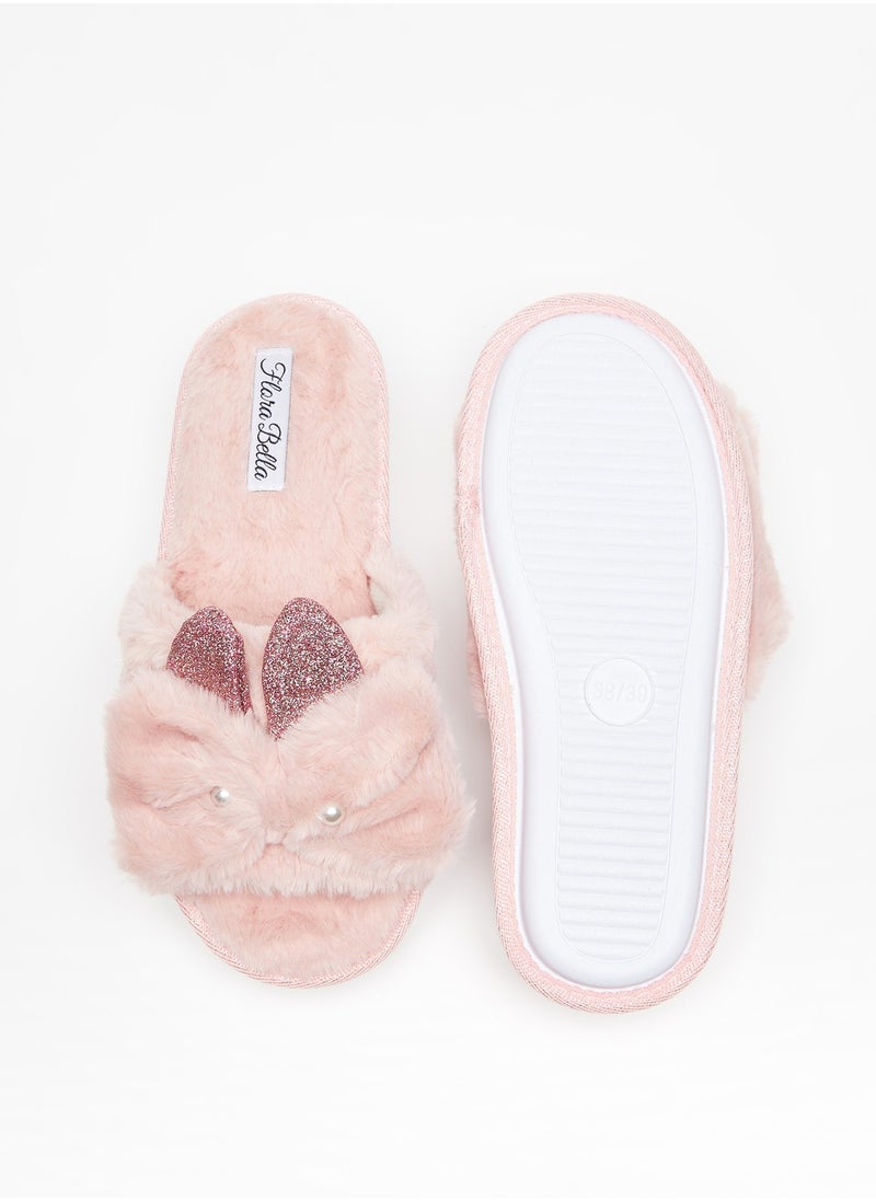 Flora Bella By Shoexpress - Womens Embellished Plush Slip On Bedroom Slides with Ear Appliques - Image 1