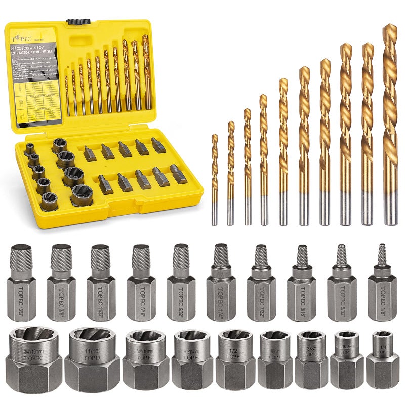 Topec Bolt Extractor Kit, 29 Piece Screw Extractor and Left Hand Drill Bit Set, Easy Out Stripped Lug Nut Remover Socket for Stripped, Damaged, Rounded-Off, Rusted Bolts, Nuts & Screws - Image 1