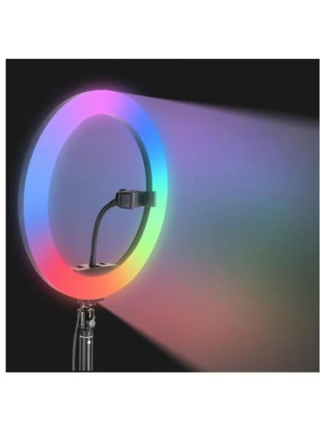DUSALA MJ45 RGB LED Ring Light with Adjustable Tripod Stand and Phone Holder – Dimmable Lighting for Photography, Vlogging, Live Streaming, and Makeup - Image 1