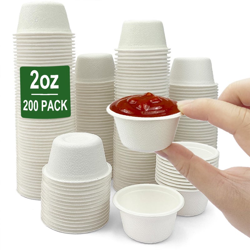 CAMKYDE 2 oz Disposable Bagasse Fiber Souffle Cups 200pk 100 Natural Biodegradable Compostable Condiment Cups Sample Cup Tasting Cup White Pack of 200