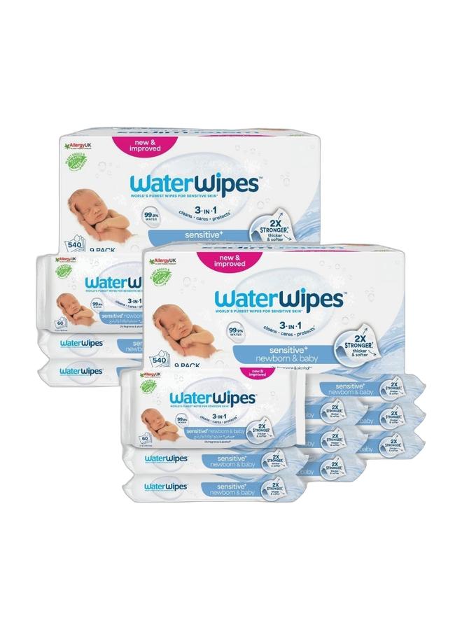WaterWipes Sensitive+ Newborn & Baby Wipes, 540 Count (9 Packs), 3-In-1 Cleans, Cares, Protects, 99.9% Water, Unscented Bundle - Image 1