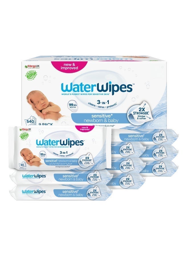 WaterWipes Sensitive+ Newborn & Baby Wipes, 540 Count (9 Packs), 3-In-1 Cleans, Cares, Protects, 99.9% Water, Unscented Bundle - Image 2