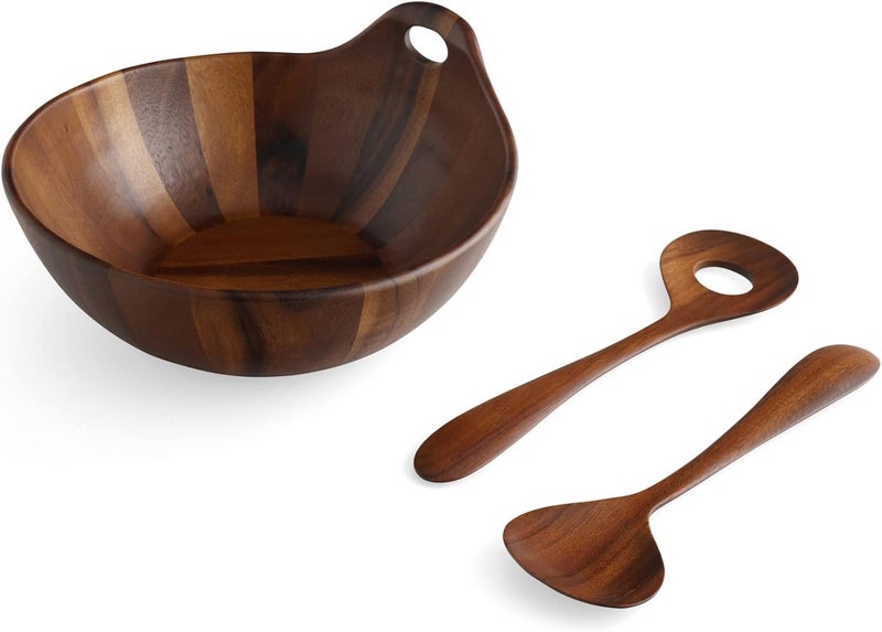 Nambe Portables Wood Salad Bowl with Servers  3Piece Set  Acacia Wood Large Salad Bowl  Mixing Bowl with Wooden Serving Spoons  Round  Measures 11Inches - Image 1