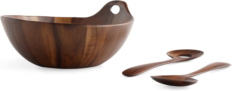 Nambe Portables Wood Salad Bowl with Servers  3Piece Set  Acacia Wood Large Salad Bowl  Mixing Bowl with Wooden Serving Spoons  Round  Measures 11Inches - Image 5