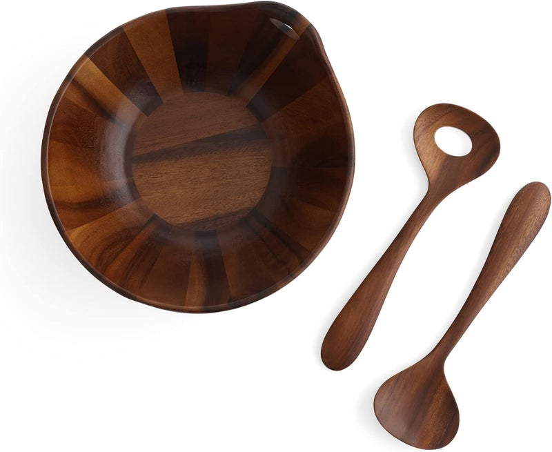 Nambe Portables Wood Salad Bowl with Servers  3Piece Set  Acacia Wood Large Salad Bowl  Mixing Bowl with Wooden Serving Spoons  Round  Measures 11Inches - Image 2