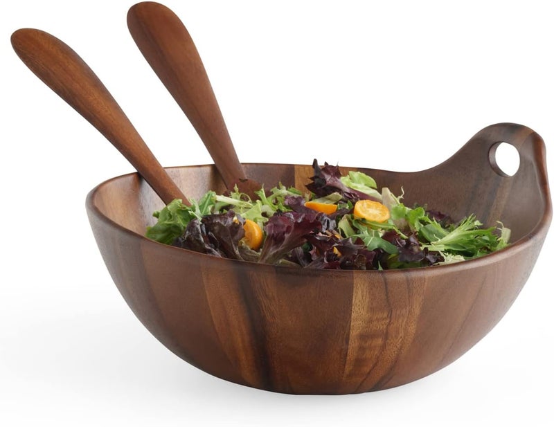 Nambe Portables Wood Salad Bowl with Servers  3Piece Set  Acacia Wood Large Salad Bowl  Mixing Bowl with Wooden Serving Spoons  Round  Measures 11Inches - Image 3