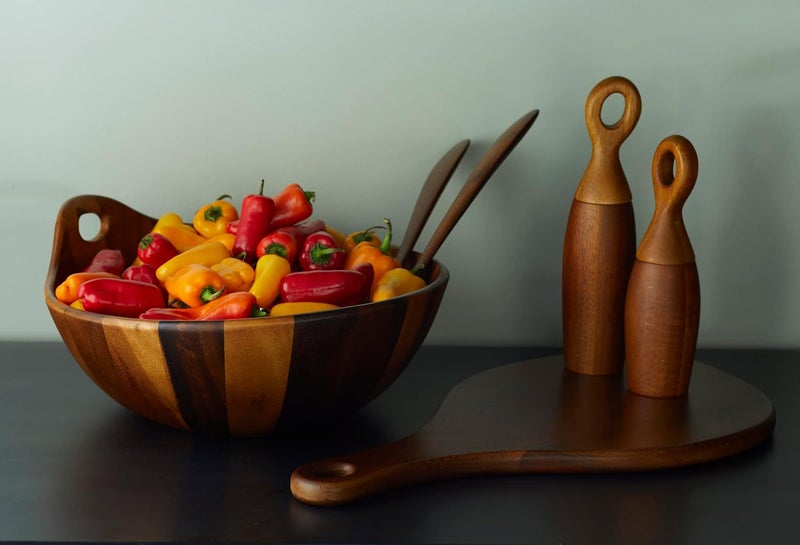 Nambe Portables Wood Salad Bowl with Servers  3Piece Set  Acacia Wood Large Salad Bowl  Mixing Bowl with Wooden Serving Spoons  Round  Measures 11Inches - Image 4