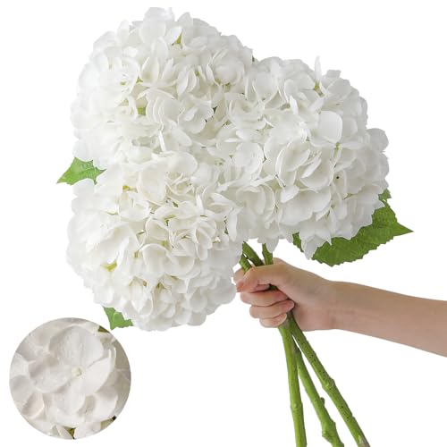 JUSTOYOU 3 Pcs Real Touch Hydrangea Artificial Flowers 22.5" Lifelike Latex White Hydrangeas Fake Hydrangeas for Home Decor Party Wedding Bouquets Table Centerpieces Floral Arrangements Indoor Outdoor Decor - Image 1