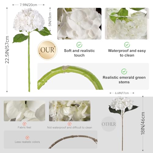 JUSTOYOU 3 Pcs Real Touch Hydrangea Artificial Flowers 22.5" Lifelike Latex White Hydrangeas Fake Hydrangeas for Home Decor Party Wedding Bouquets Table Centerpieces Floral Arrangements Indoor Outdoor Decor - Image 4