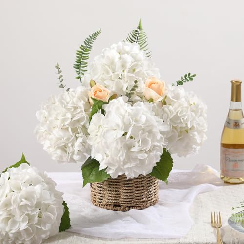 JUSTOYOU 3 Pcs Real Touch Hydrangea Artificial Flowers 22.5" Lifelike Latex White Hydrangeas Fake Hydrangeas for Home Decor Party Wedding Bouquets Table Centerpieces Floral Arrangements Indoor Outdoor Decor - Image 2