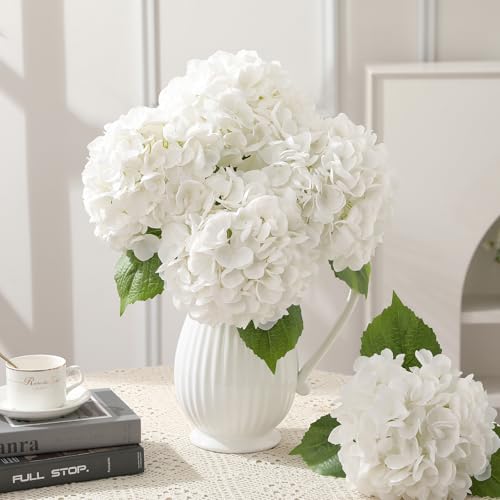 JUSTOYOU 3 Pcs Real Touch Hydrangea Artificial Flowers 22.5" Lifelike Latex White Hydrangeas Fake Hydrangeas for Home Decor Party Wedding Bouquets Table Centerpieces Floral Arrangements Indoor Outdoor Decor - Image 5
