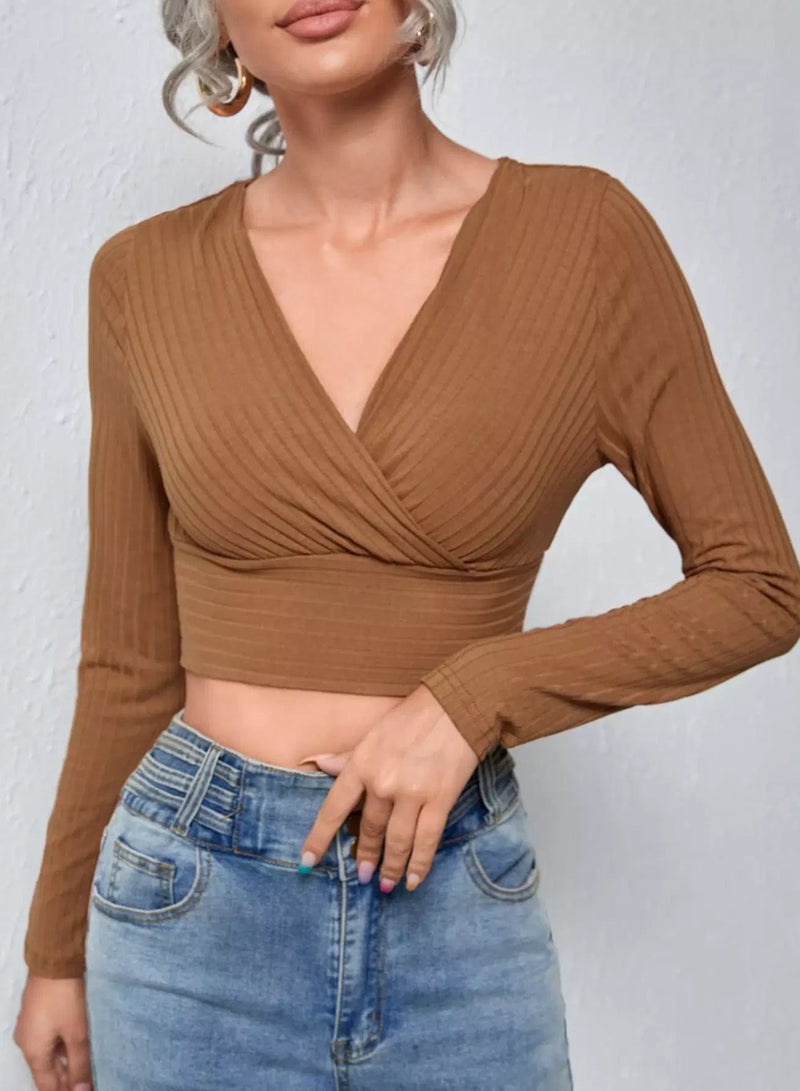 Plunging Neck Rib-knit Slim Tee  - Image 1