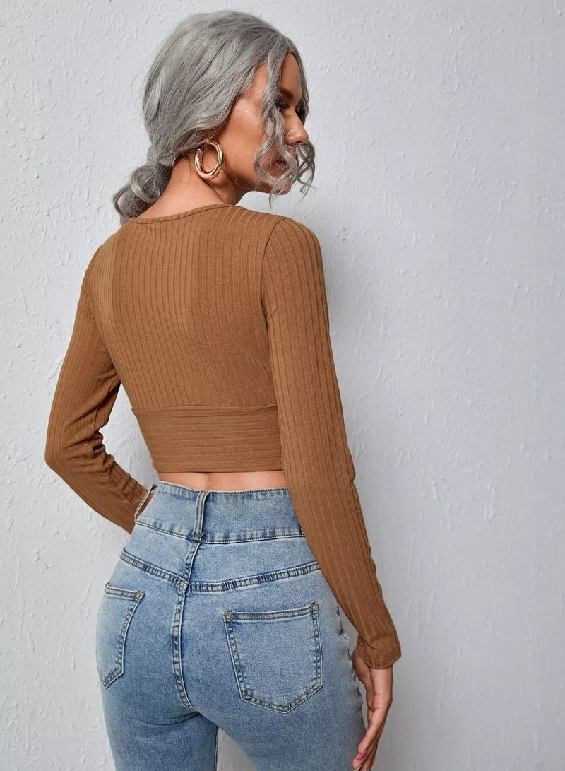 Plunging Neck Rib-knit Slim Tee  - Image 2