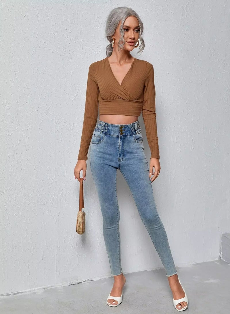 Plunging Neck Rib-knit Slim Tee  - Image 5