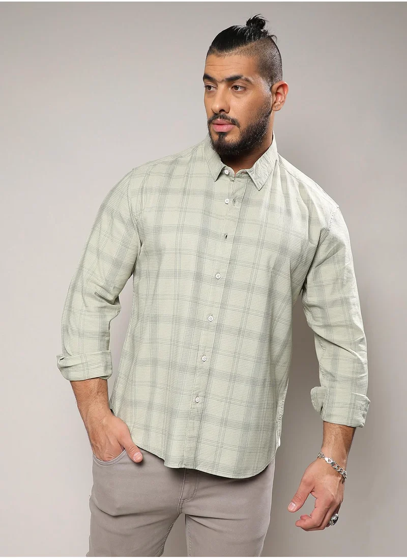 Instafab Plus Instafab Plus Men's Sage Green Tartan Plaid Shirt For Casual Wear | Spread Collar | Long Sleeve | Button Closure | Cotton Viscose Poly Shirt Crafted With Comfort Fit For Everyday Wear