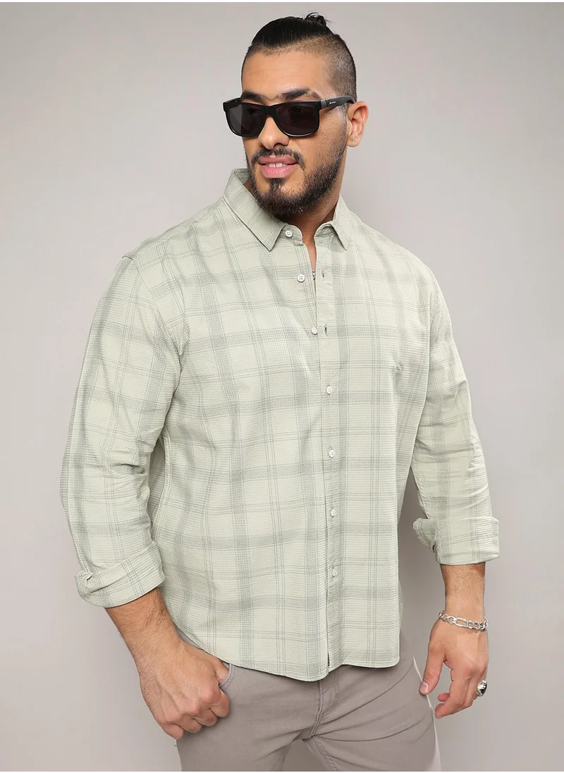 Instafab Plus Instafab Plus Men's Sage Green Tartan Plaid Shirt For Casual Wear | Spread Collar | Long Sleeve | Button Closure | Cotton Viscose Poly Shirt Crafted With Comfort Fit For Everyday Wear