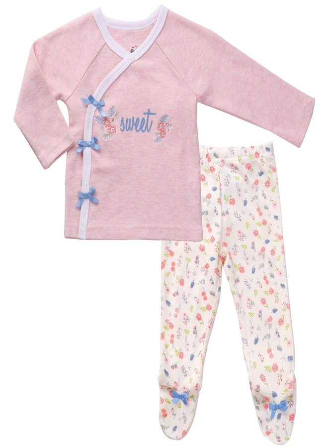 Asher and Olivia Newborn Girl Clothes Nb Footed Pants Long Sleeve Kimono Shirt Baby Layette Set 0m Heather Pink - Image 1