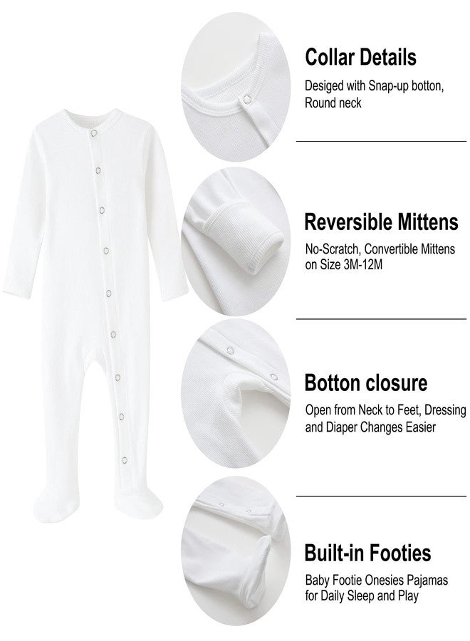 ACESTAR Newborn Baby Footed Pajamas with Mitten Cuffs - Cotton Unisex Snap-Up Baby Sleepers for Sleep and Play Footies Pjs (0-3 Months, White) - Image 4