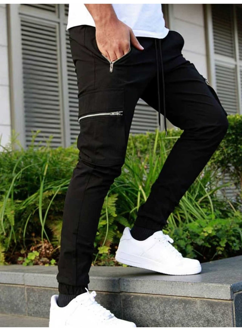 بنطلون رجالي أسود كارغو، متعدد الجيوب، بقصة فضفاضة وأرجل مستقيمة، بنطلون كاجوال - Image 2