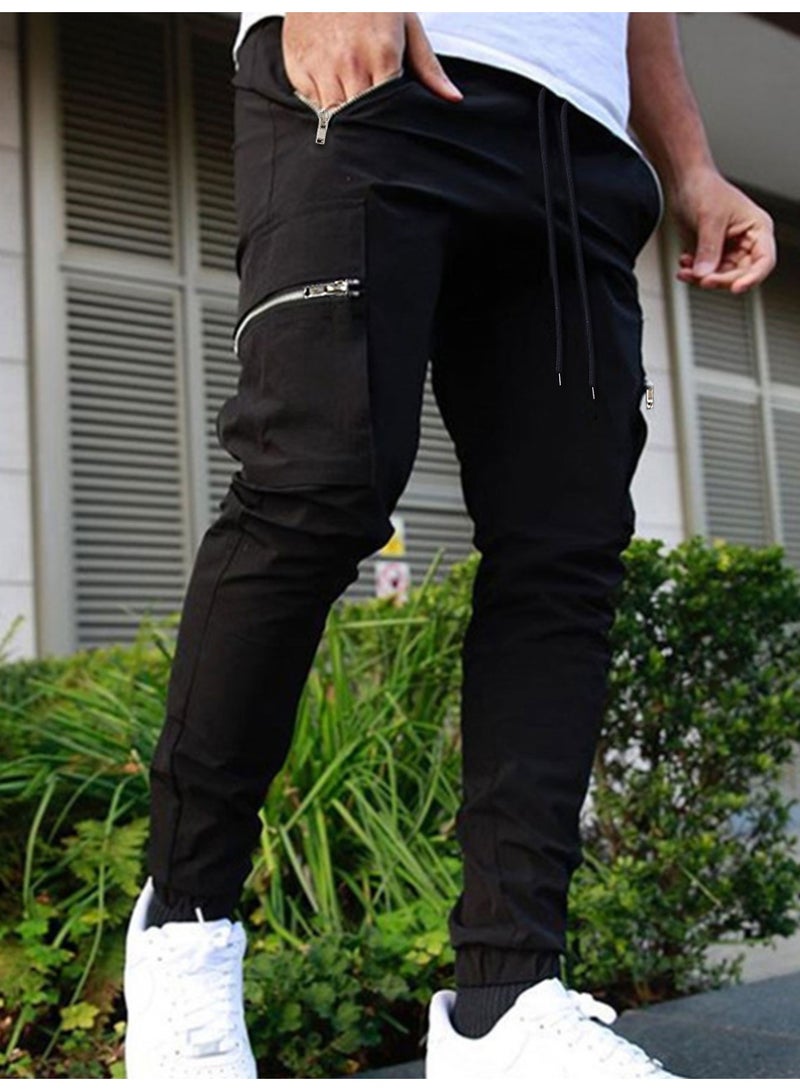 بنطلون رجالي أسود كارغو، متعدد الجيوب، بقصة فضفاضة وأرجل مستقيمة، بنطلون كاجوال - Image 1