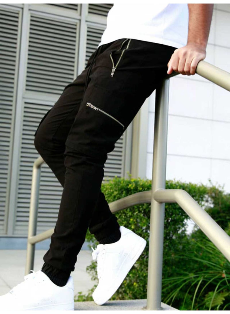 بنطلون رجالي أسود كارغو، متعدد الجيوب، بقصة فضفاضة وأرجل مستقيمة، بنطلون كاجوال - Image 3