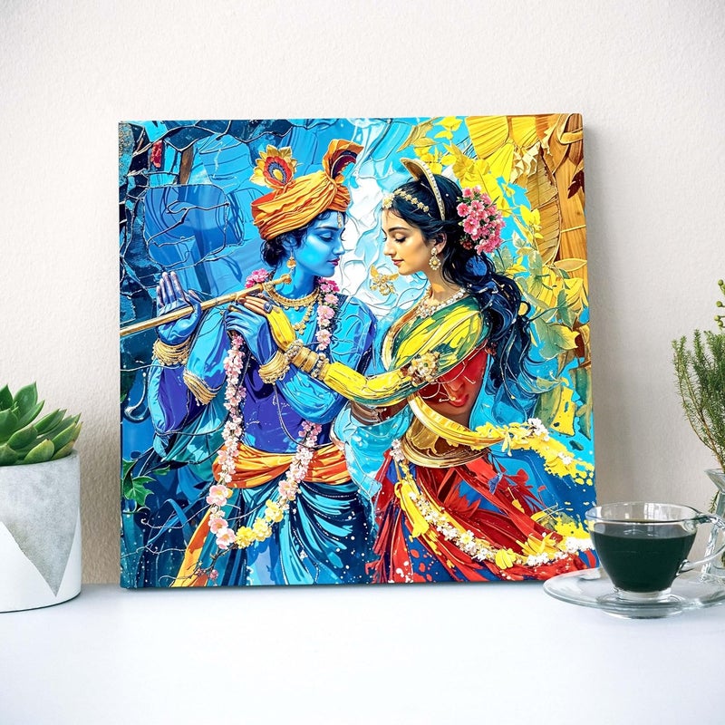Indianara Radha Krishna Framed Canvas Painting Wall Dcor Pooja Room Bedroom Living Room Office Hotel Interiors Multi Color 24 inch x 24 inch - Image 4