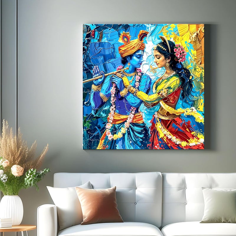 Indianara Radha Krishna Framed Canvas Painting Wall Dcor Pooja Room Bedroom Living Room Office Hotel Interiors Multi Color 24 inch x 24 inch - Image 1