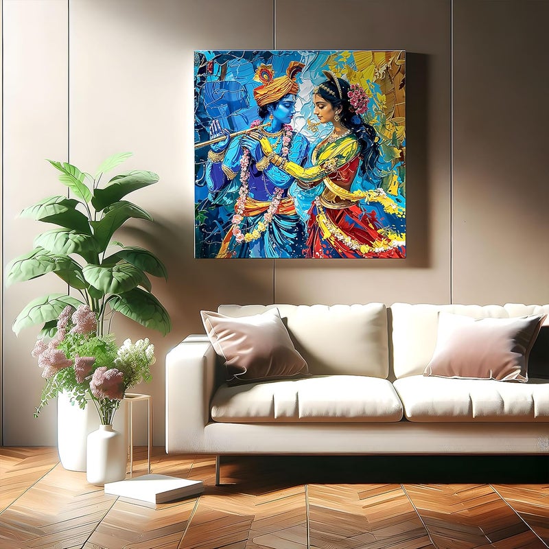 Indianara Radha Krishna Framed Canvas Painting Wall Dcor Pooja Room Bedroom Living Room Office Hotel Interiors Multi Color 24 inch x 24 inch - Image 5