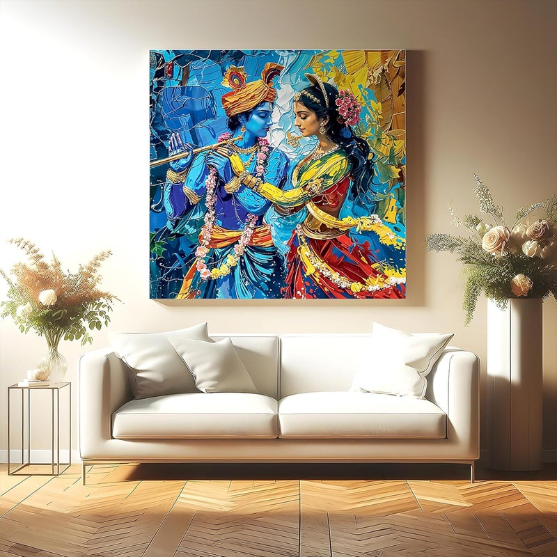 Indianara Radha Krishna Framed Canvas Painting Wall Dcor Pooja Room Bedroom Living Room Office Hotel Interiors Multi Color 24 inch x 24 inch - Image 3