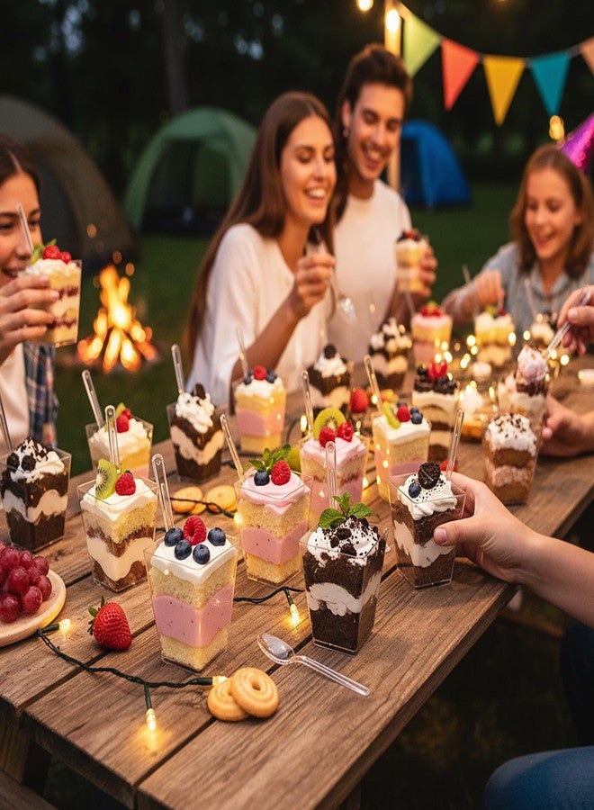 عبوة من 100 كوب حلويات بلاستيكي شفاف سعة 5 أونصات مع أغطية وملاعق، أكواب بارفيه ومقبلات قابلة لإعادة الاستخدام، أكواب صغيرة للحلويات مثل البودينغ والزبادي والجيلي والآيس كريم والترايفل والفواكه، مثالية للحفلات وحفلات الزفاف - Image 5