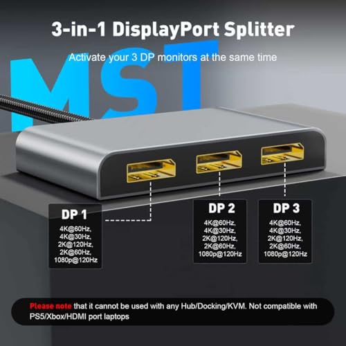 UANTIN DisplayPort Splitter for 3 Monitors Extended Display | 4K 60Hz Display Port 1 in 3 Out, DP to Three DP MST Hub Adapter for PC, NVIDIA, AMD - Image 3