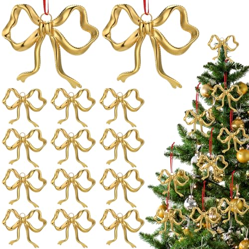 Tondiamo 12 Pcs Christmas Metal Gold Bow Ornaments Gold Bow Decoration for Christmas Tree Topper Garland Fireplace Wreath Xmas Tree Hanging Decor for Floral Arrangement Gift Box Basket Home Indoor Outdoor - Image 1