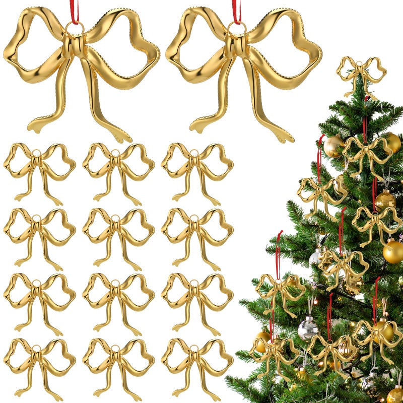 Tondiamo 12 Pcs Christmas Metal Gold Bow Ornaments Gold Bow Decoration for Christmas Tree Topper Garland Fireplace Wreath Xmas Tree Hanging Decor for Floral Arrangement Gift Box Basket Home Indoor Outdoor - Image 2