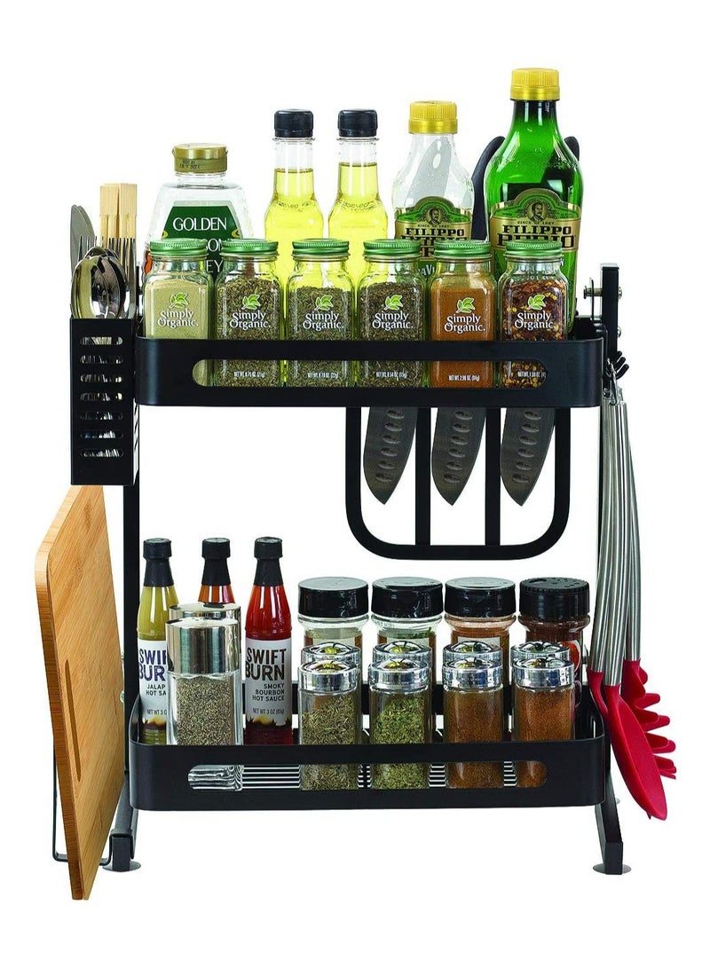 BLOOMING TIME 2 Tier Metal Kitchen Spice Rack Cutting board rack with Knife Utensils Holder, Cutlery Holder And 3 Hooks - Image 4