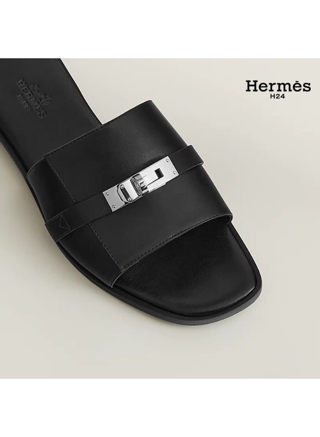 Hermes H24 صندل هيرميس H24 جوليا ذو الكعب المسطح والمقدمة المستديرة للنساء – أسود - Image 4