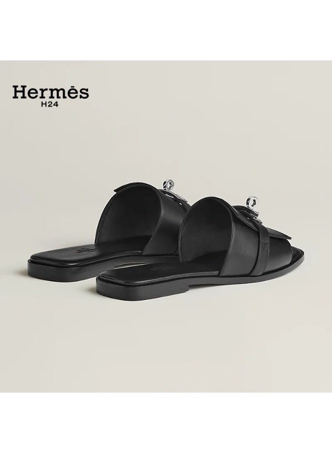 Hermes H24 صندل هيرميس H24 جوليا ذو الكعب المسطح والمقدمة المستديرة للنساء – أسود - Image 3