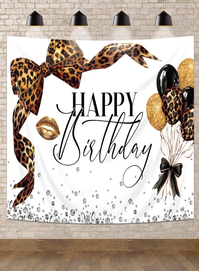 Newsely Leopard Print Bow Happy Birthday Backdrop 7Wx5H Photography Coquette Brown White Gold Bowknot Balloons Diamond Bownot Background Girly Party Decorations Banner Photo Booth Props Supplies - Image 3