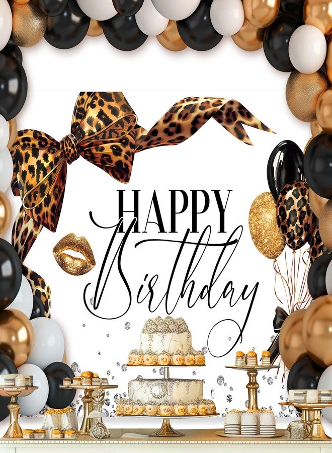 Newsely Leopard Print Bow Happy Birthday Backdrop 7Wx5H Photography Coquette Brown White Gold Bowknot Balloons Diamond Bownot Background Girly Party Decorations Banner Photo Booth Props Supplies - Image 2