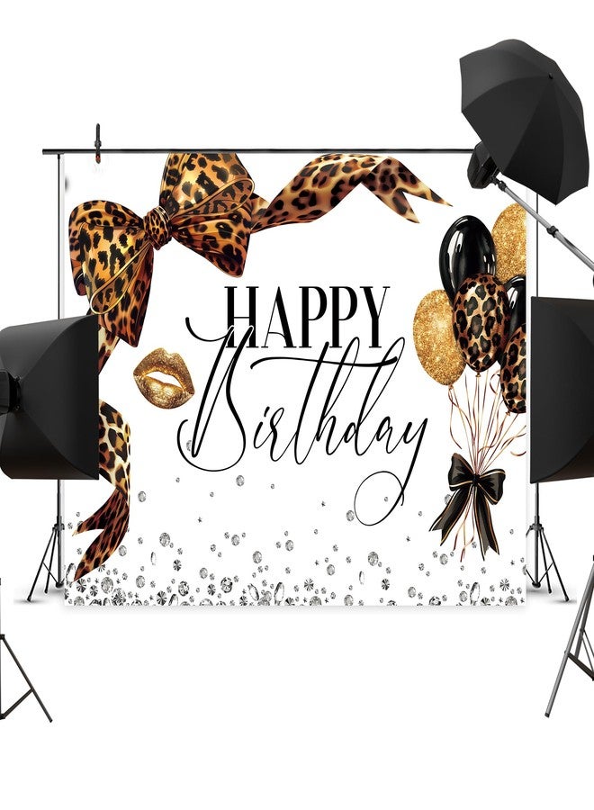 Newsely Leopard Print Bow Happy Birthday Backdrop 7Wx5H Photography Coquette Brown White Gold Bowknot Balloons Diamond Bownot Background Girly Party Decorations Banner Photo Booth Props Supplies - Image 4