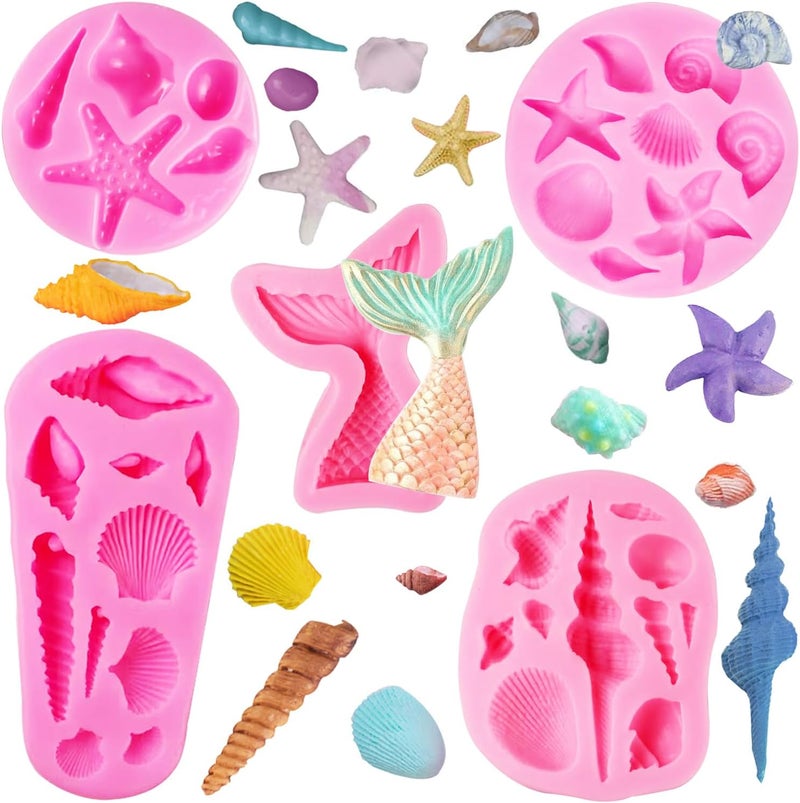 AIMEIKI Seashell Silicone Molds, 5 Pack Marine Theme Cake Fondant Silicone Molds Seashell Conch Starfish Baking Molds for Decorating Cake Candy Chocolate DIY Craft Projects - Image 1