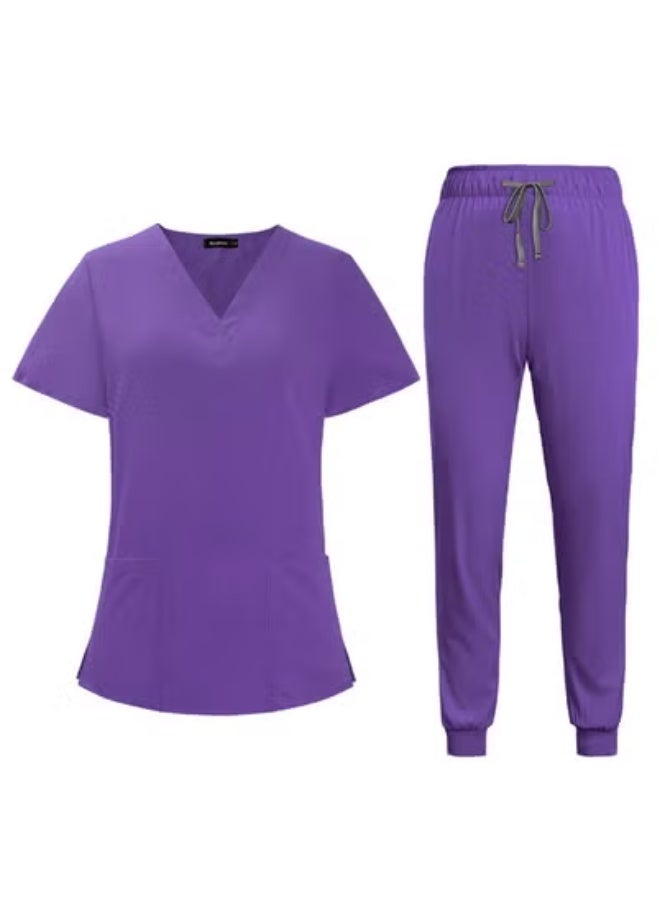 Generic Summer Doctor and Nurse Work Uniform Beauty Hospital Pet Dental Operating Room Washing Clothes Set (Purple)  - Image 1