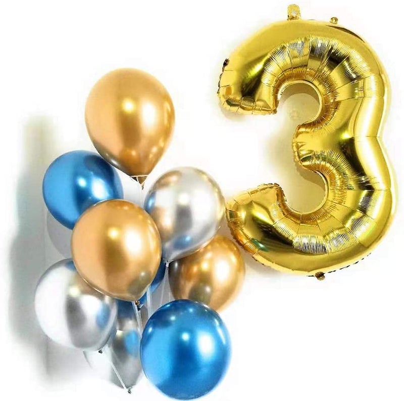 PARTY TIME  Number 3 Gold Foil Balloon Numbers Set  16 Inch  Pack of 9 Latex Balloons 12  3rd Birthday Decorations  Latex Balloons for Birthday Party Anniversary Decoration Sets FREE Ribbon - Image 1