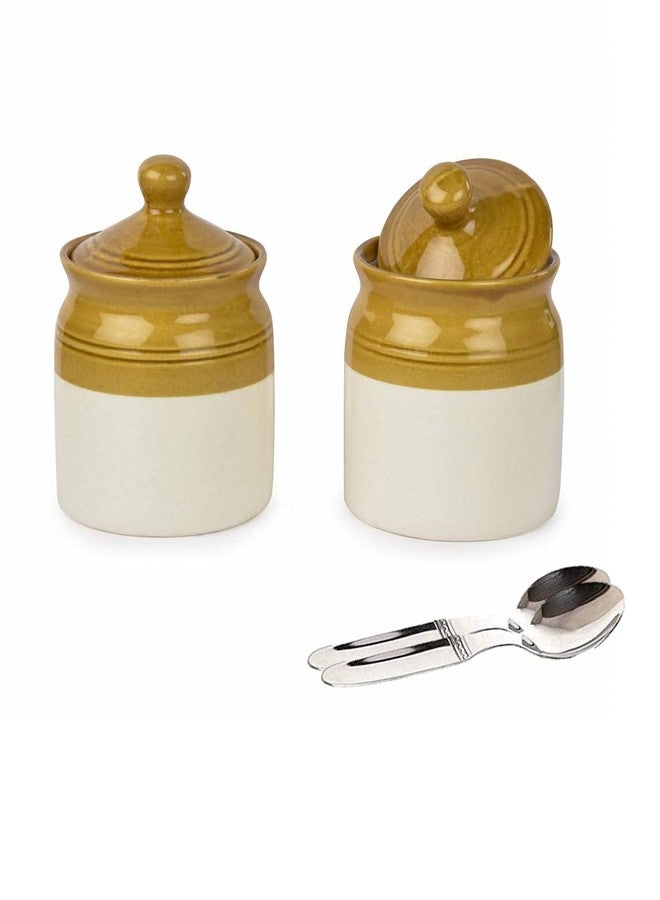 SHRIYAM CRAFT Ceramic Handmade Pickle Jar Set with Lid, Dining Table Pickle Containers and an Ideal Gift for Family (250ml) (2 pc) and Steel Spoon 2 pc - Image 1