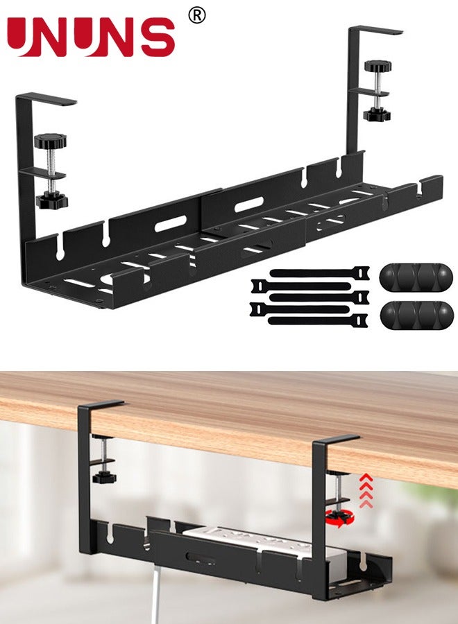 UNUNS Under Desk Cable Management Tray Black, No Drill Cable Management Organizer Under Desk,Retractable Cable Tray With Clamp For Desk Wire Management,Desk PC Cord Organizer Accessories For Home Offi