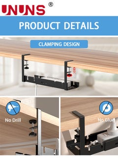 UNUNS Under Desk Cable Management Tray Black, No Drill Cable Management Organizer Under Desk,Retractable Cable Tray With Clamp For Desk Wire Management,Desk PC Cord Organizer Accessories For Home Office  - Image 3